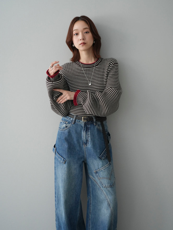 [SET]ラメ異素材ボーダーリブニットプルオーバー+ペインターカーブデニムパンツ(2set)