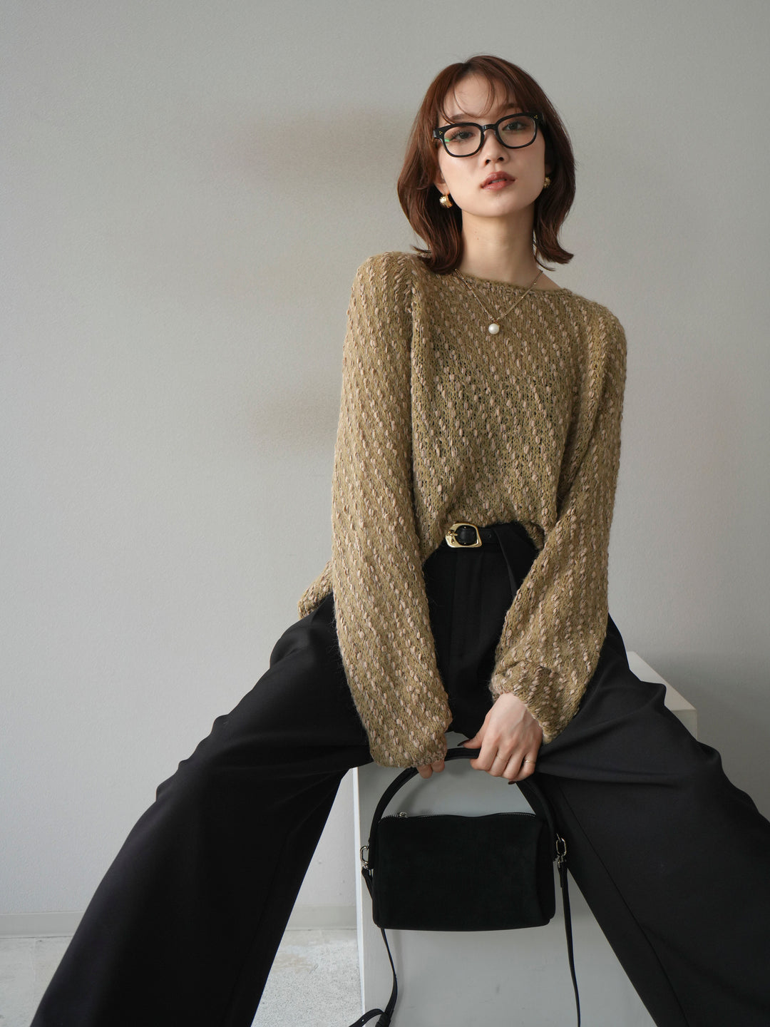 【着回しセット】[SET]求心柄クロップドニットカーディガン+異素材ミックスヤーンニットプルオーバー+ベルトループデザインワイドパンツ(3set)