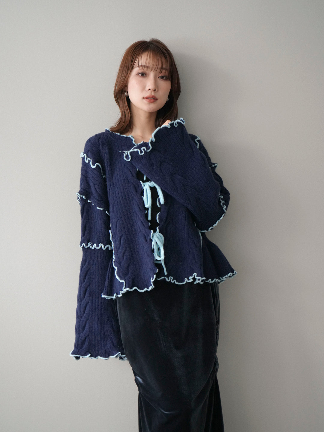 [予約]フロントリボン配色メローニットカーディガン/navy