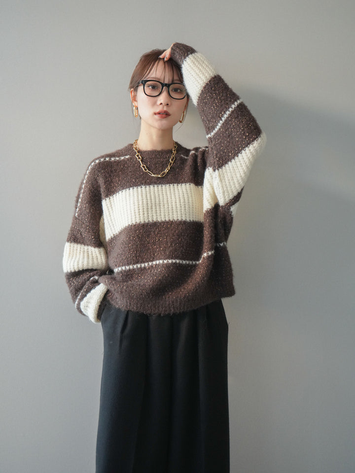 [予約]ネップヤーンボーダーニットプルオーバー/brown