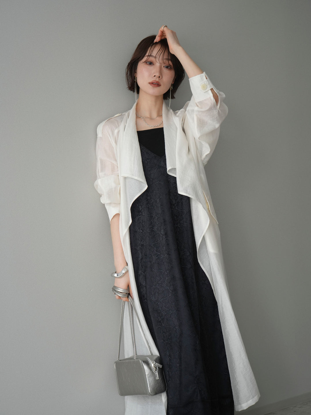 [予約]サテンレースレイヤードキャミワンピース/black