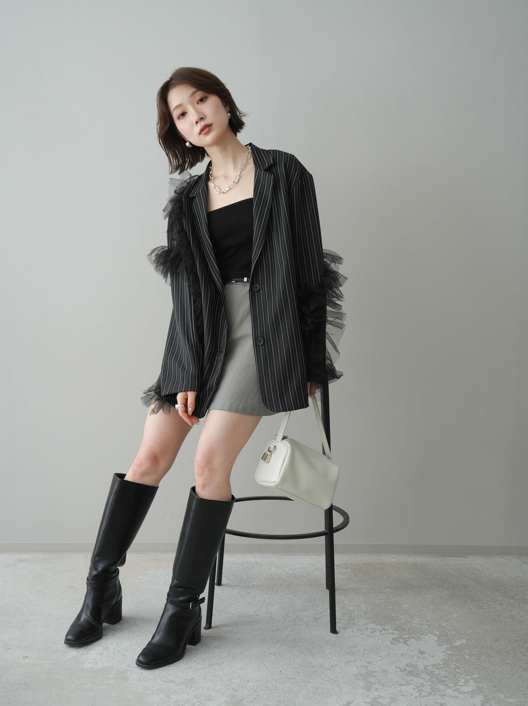 [予約]アシンメトリーチュールストライプジャケット/black