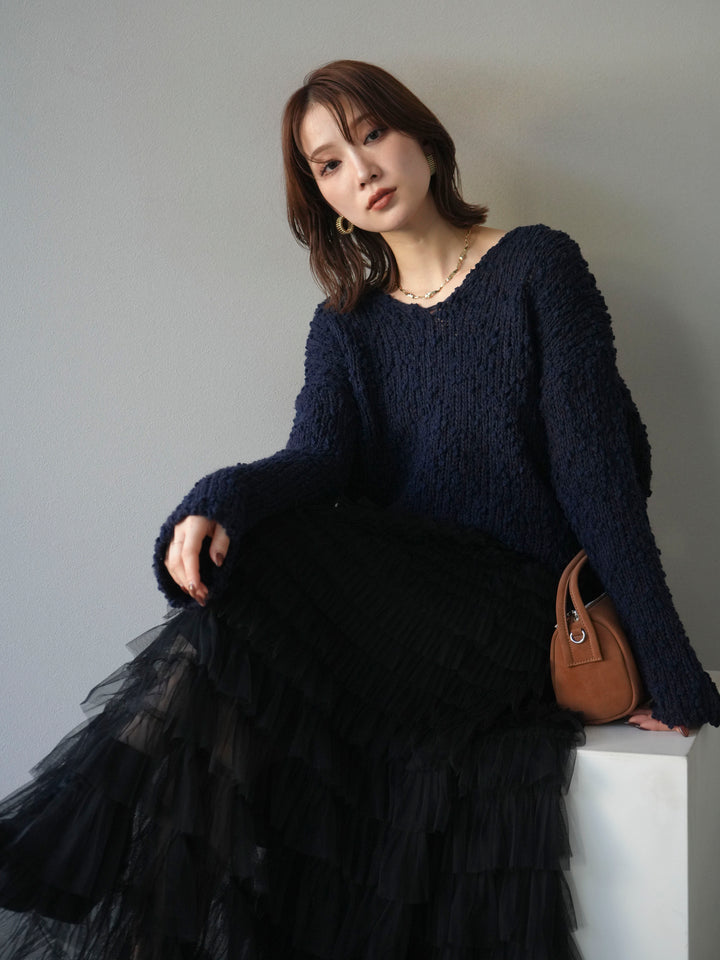 [予約]メランジポコポコニットプルオーバー/navy