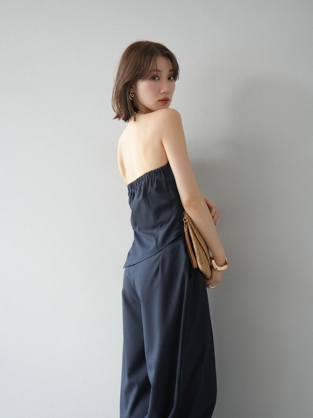 [SET] 條紋褶襉露肩上衣＆寬褲 SET UP (2set)