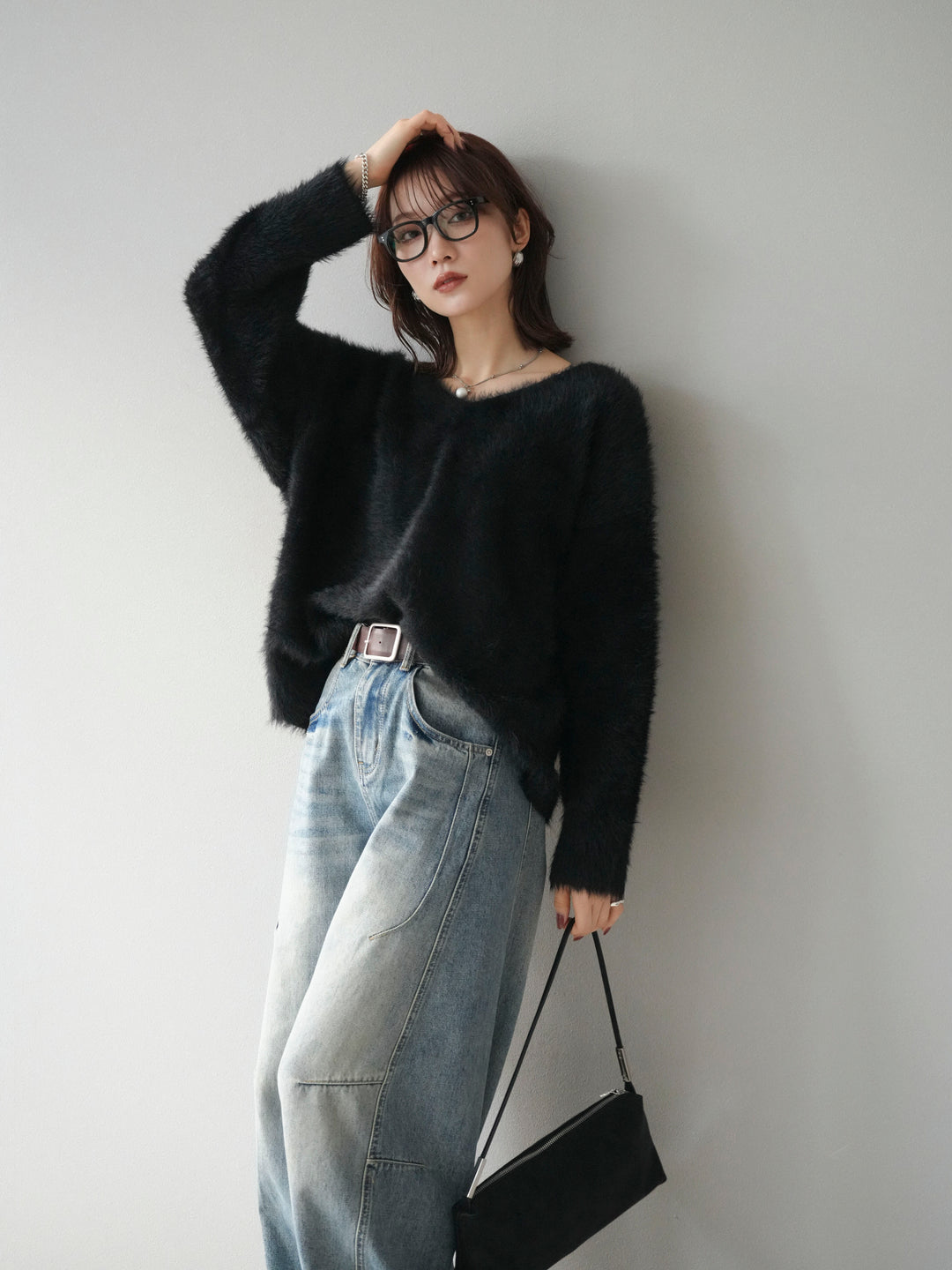 [予約]バックリボンVネックシャギーニットプルオーバー/black