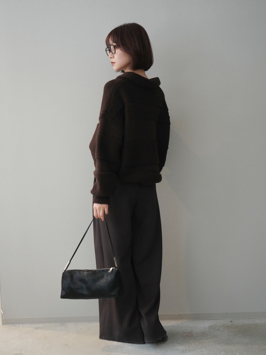 [SET]襟付きボーダー編みニットプルオーバー+ベルトループデザインワイドパンツ(2set)