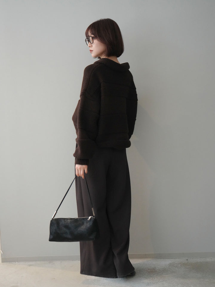 [SET]襟付きボーダー編みニットプルオーバー+ベルトループデザインワイドパンツ(2set)