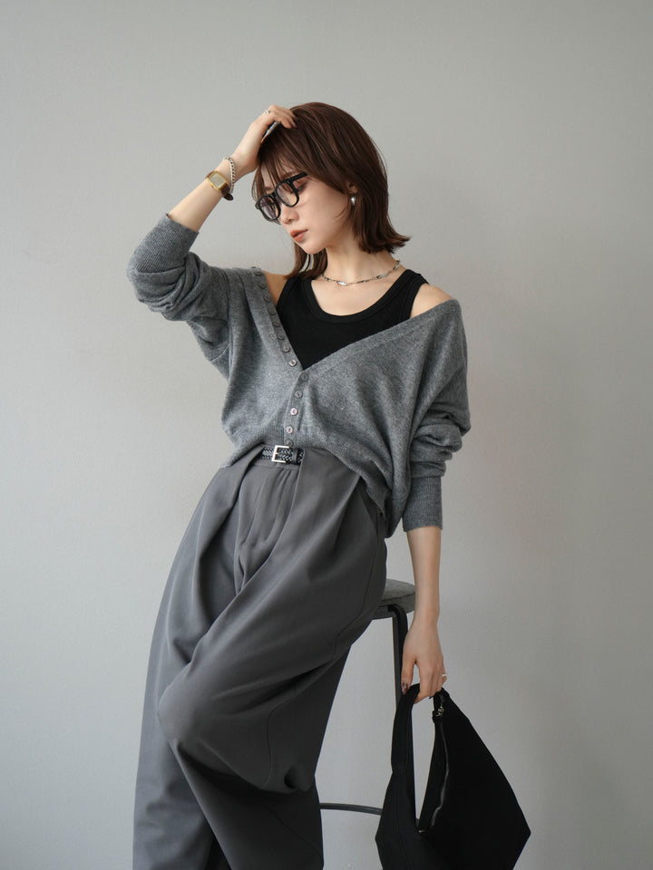 [SET]デザインボタンニットカーディガン＆タンクトップSET+ベルトループデザインワイドパンツ(2set)