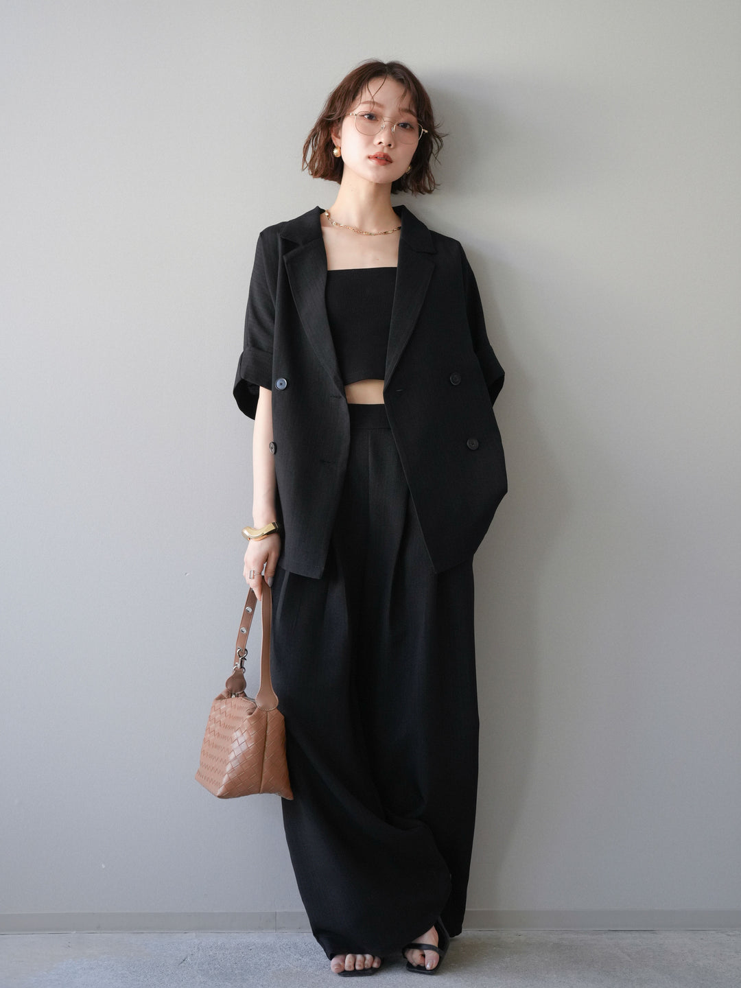 【套裝】亞麻質感半雙層外套+亞麻質感束口寬腿褲（兩件套）