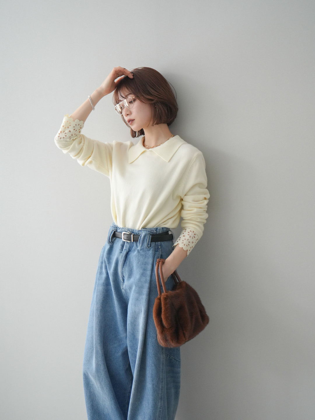 [SET]スカラップレース袖襟付きニットトップス+選べるアクセセット(2set)