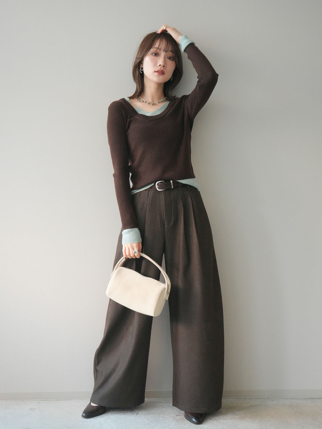 [予約]アニマル柄ベルト付きウールタッチワイドパンツ/brown