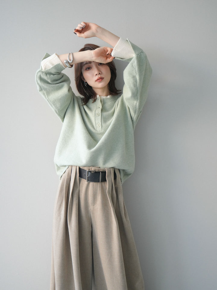 [SET]ヘンリーネック配色レイヤードニットプルオーバー+ベルトデザインループコールテンワイドパンツ(ベルト付き)(2set)