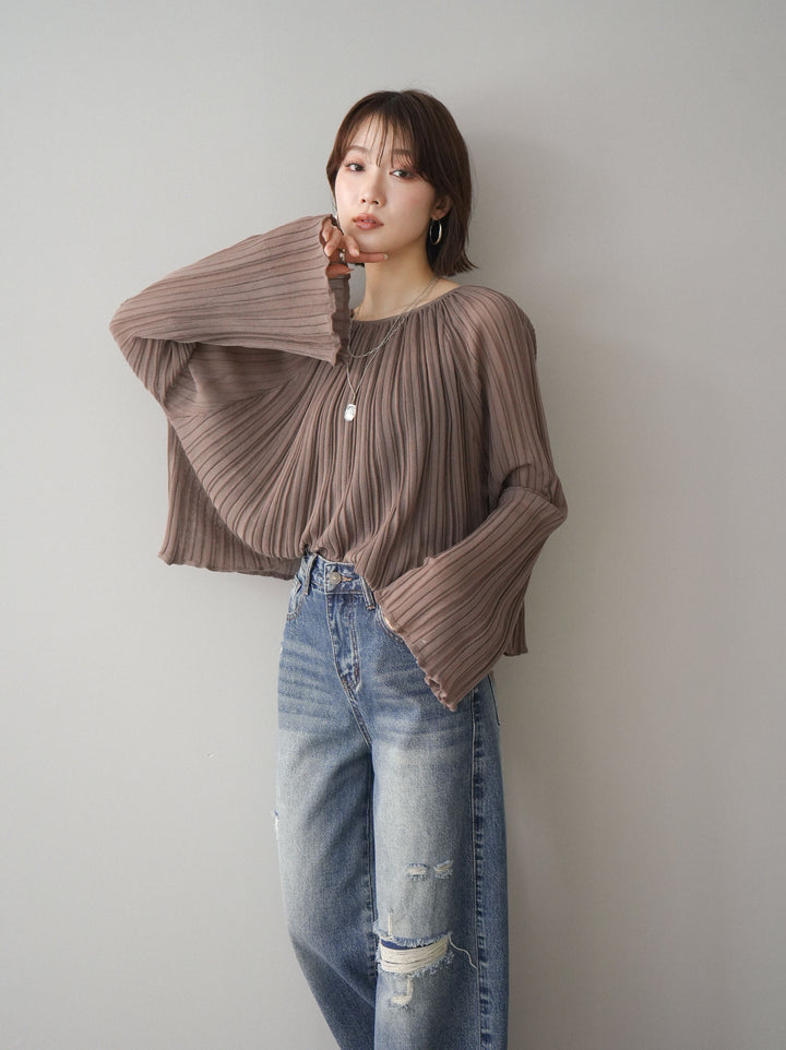 [SET]プリーツシアーフレアスリーブニットトップス+ダメージデニムセミワイドパンツ(2set)