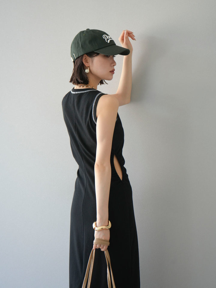 [予約]ウエストオープンステッチカットワンピース/ブラック