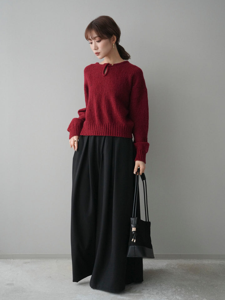 [SET]ツイストネックラメネップヤーンニットプルオーバー+テープベルトタックバギーパンツ(2set)