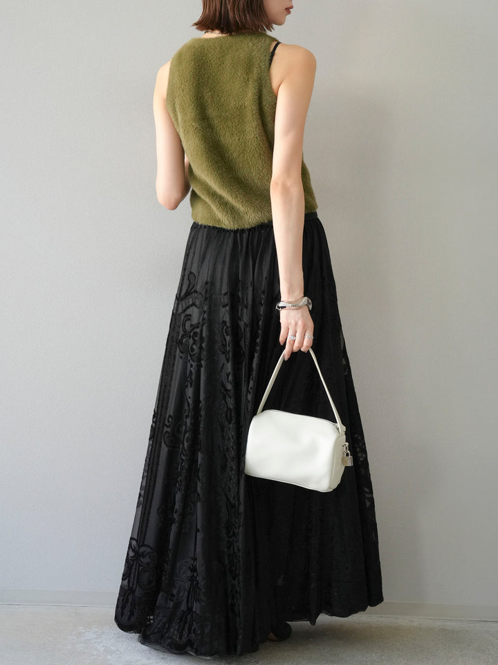 [予約]アンティーク柄フロッキーマキシスカート/ブラック