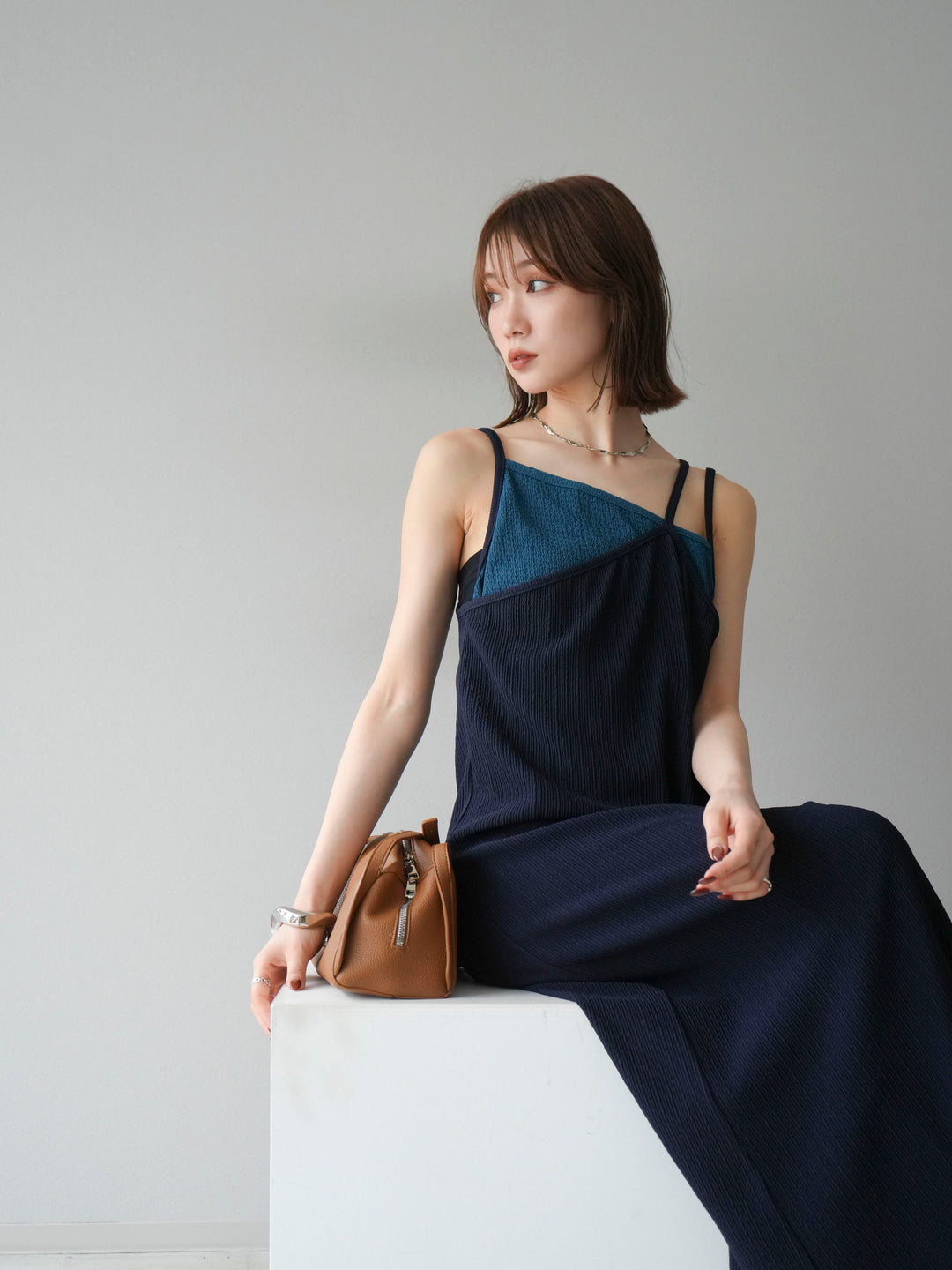 [予約]バイカラーレイヤードキャミワンピース/ネイビー