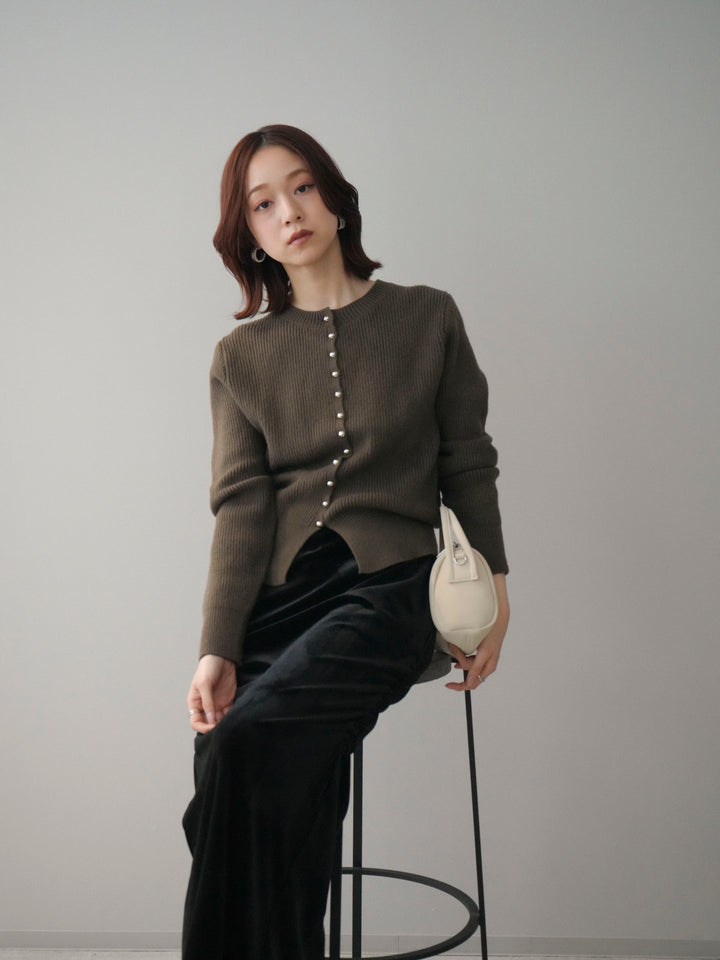 [SET]シルバーボタン畦編みニットカーディガン+ギャザーベロアスカート(2set)