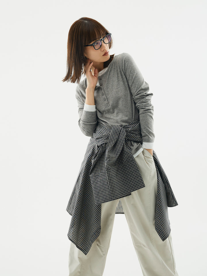 【Allure】[SET]配色レイヤードヘンリーネックトップス+チェックBIGカフスオーバーシャツ(2set)