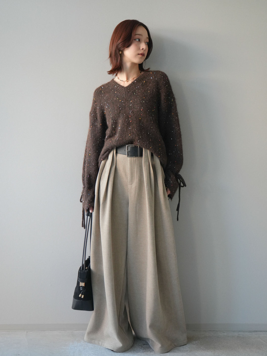 [予約]ベルトデザインループコールテンワイドパンツ(ベルト付き)/beige