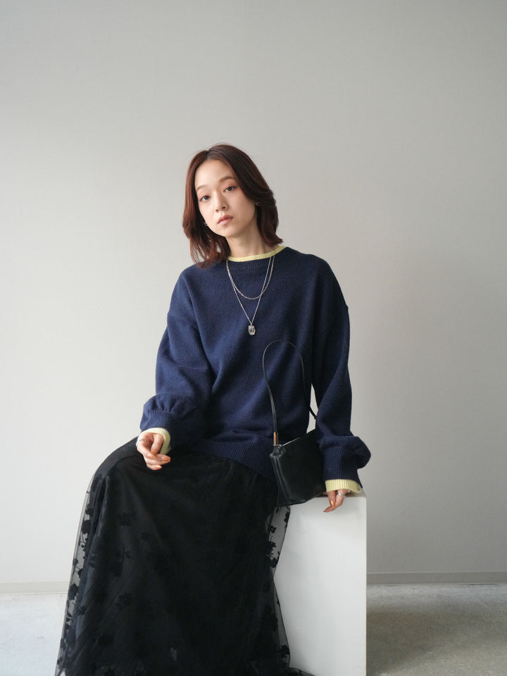 [SET]ヘンリーネック配色レイヤードニットプルオーバー+フラワーフロッキーチュールプリーツスカート(2set)