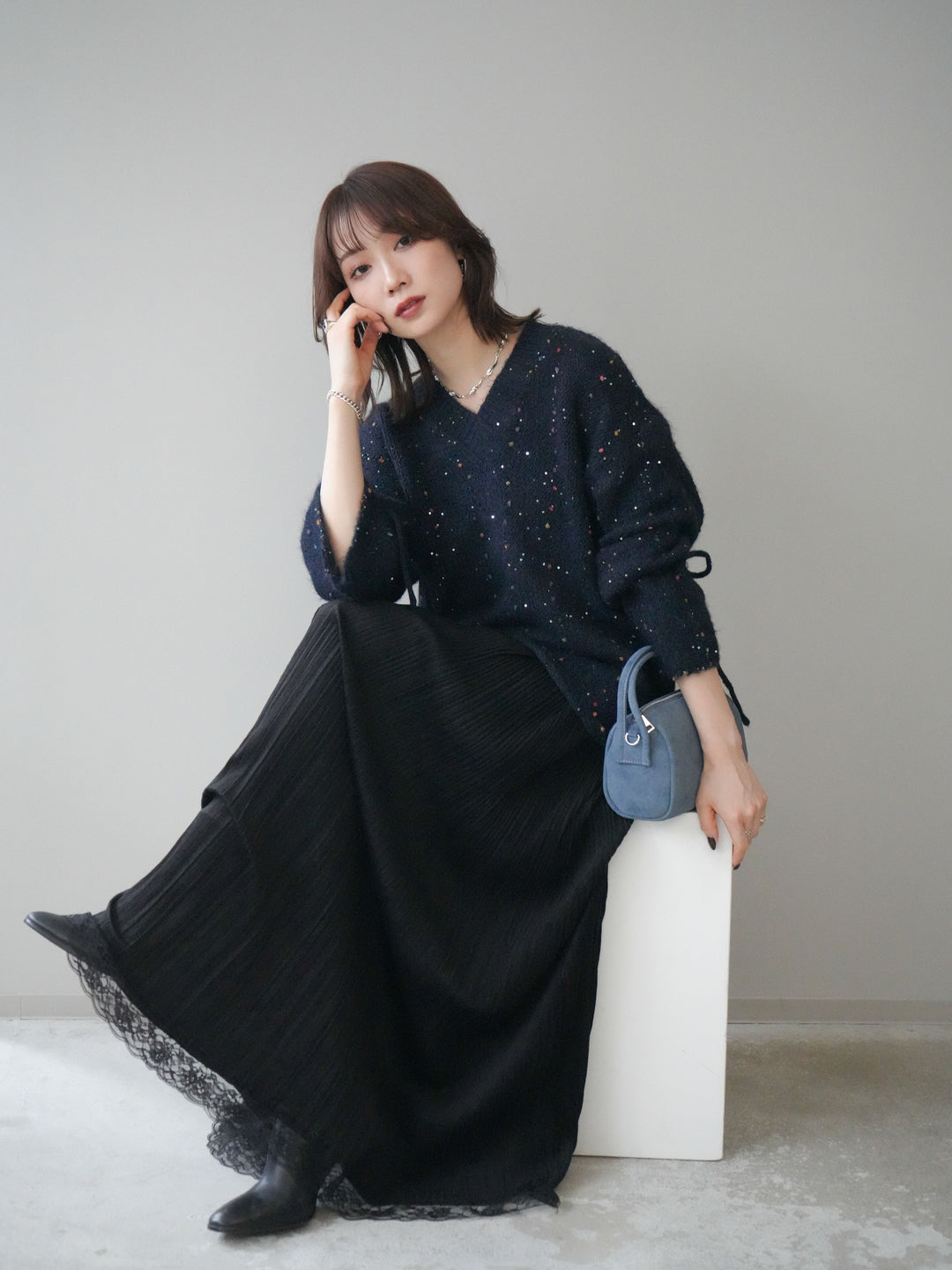 [予約]キャンディースリーブカラーネップスパンコールニットプルオーバー/navy