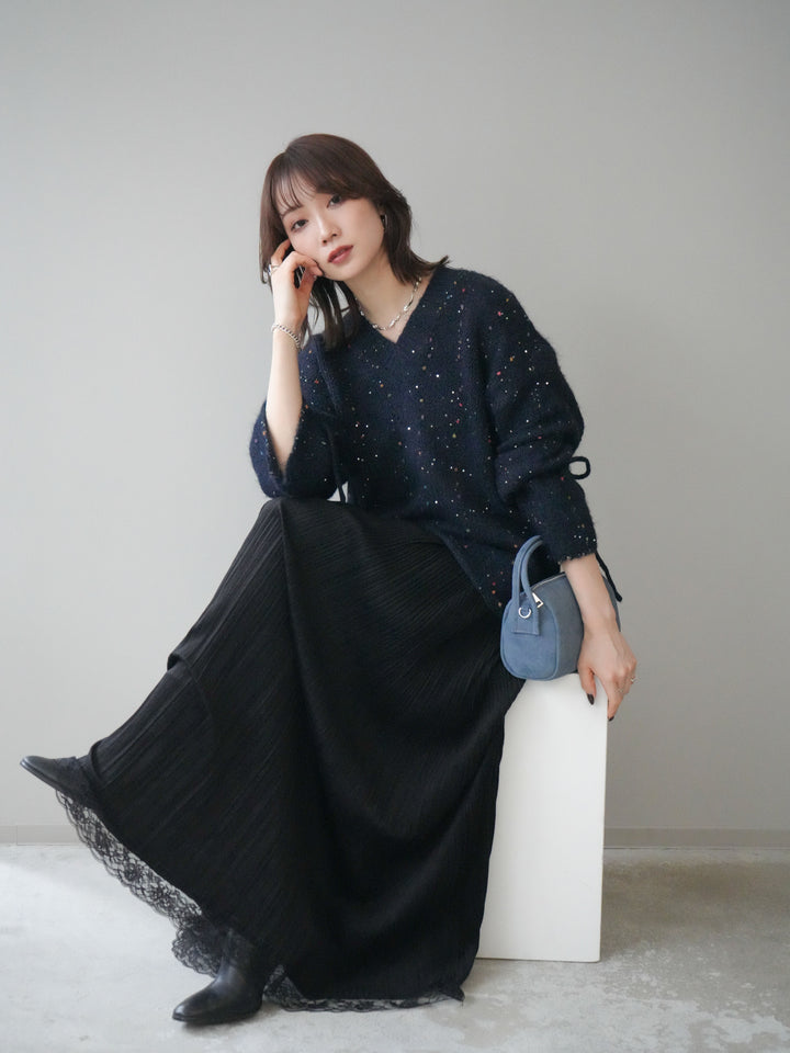 [予約]キャンディースリーブカラーネップスパンコールニットプルオーバー/navy