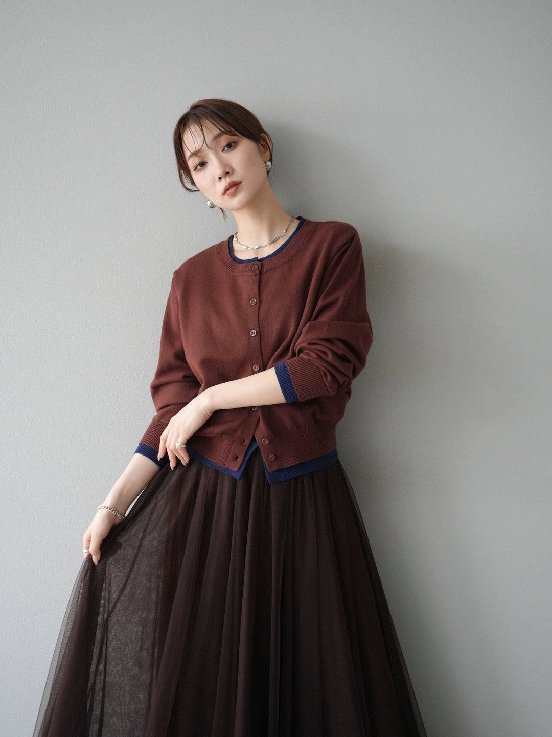 [SET]配色レイヤードカーディガン+チュールボリュームスカート(2set)