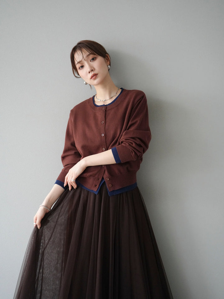 [SET]配色レイヤードカーディガン+チュールボリュームスカート(2set)