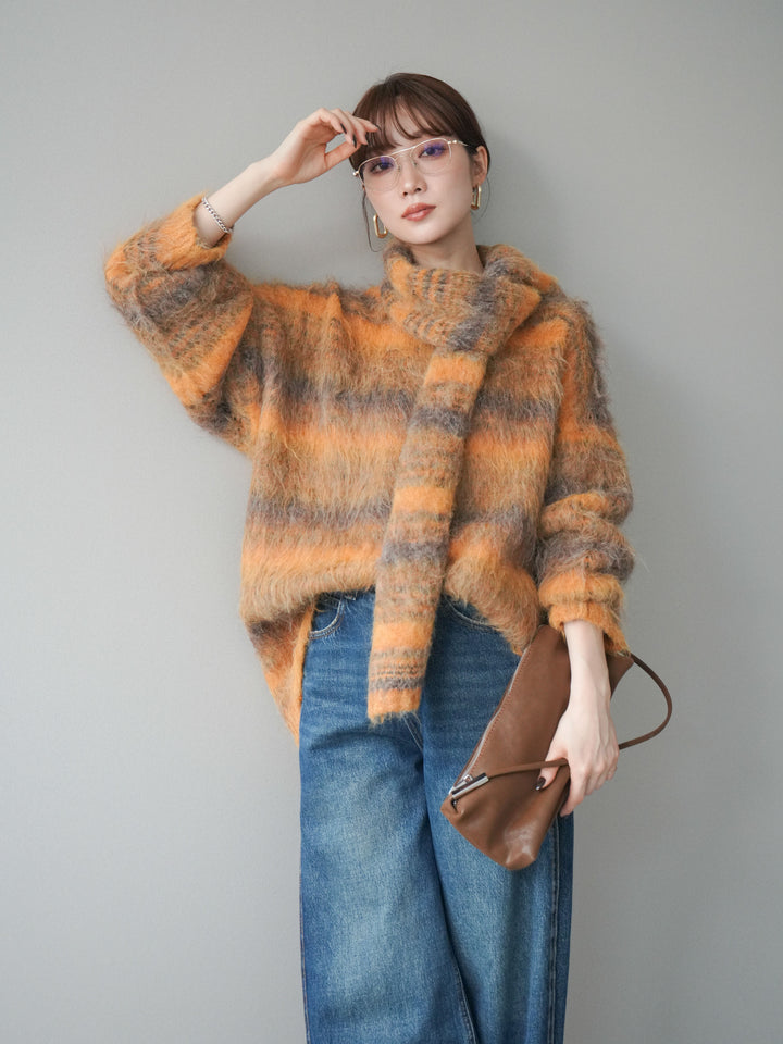 [予約]ストール付シャギーマルチボーダーニットプルオーバー/yellow