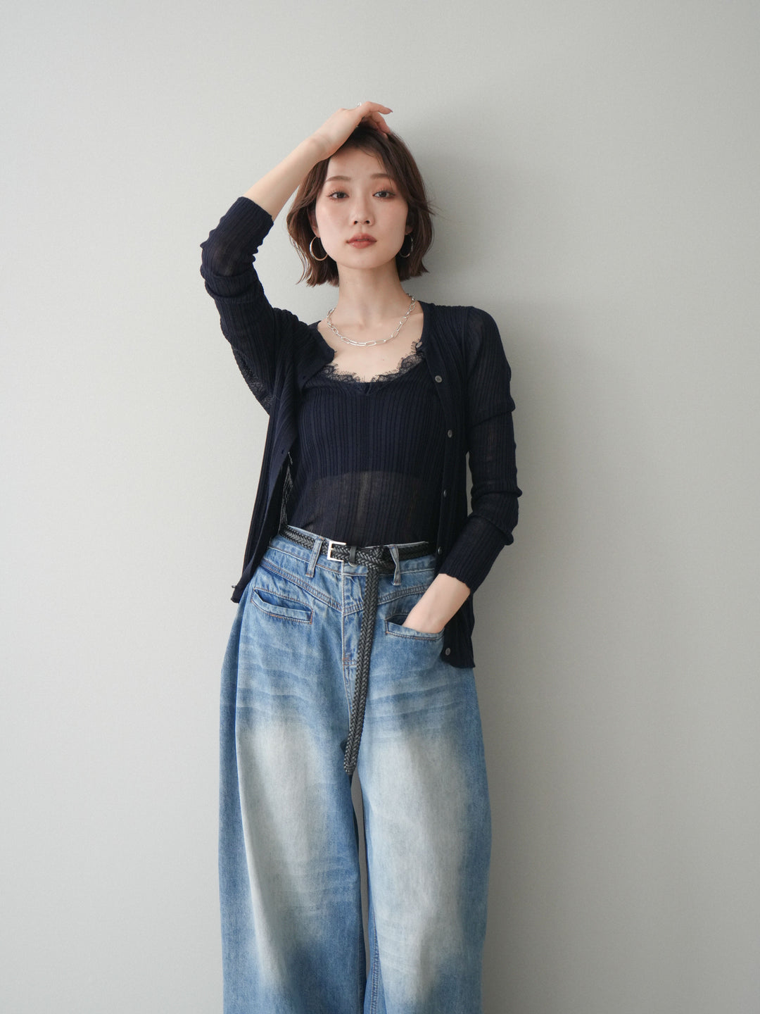 [予約]インナーレースキャミソール＆カーディガンアンサンブル/navy