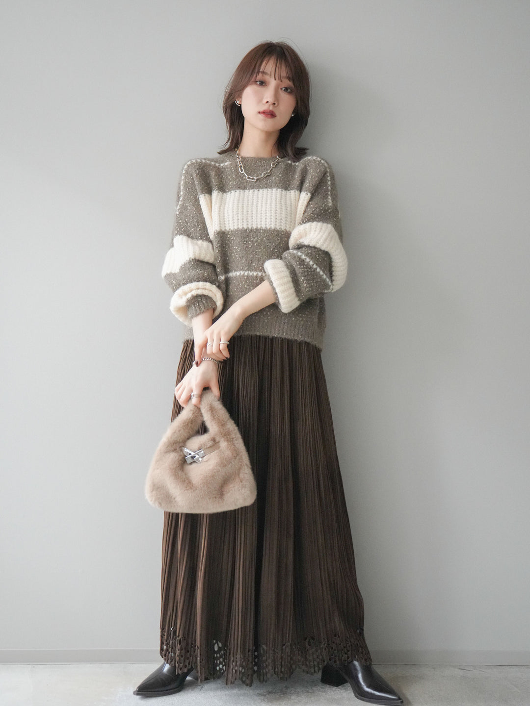 [予約]パンチングデザインスエードプリーツスカート/brown