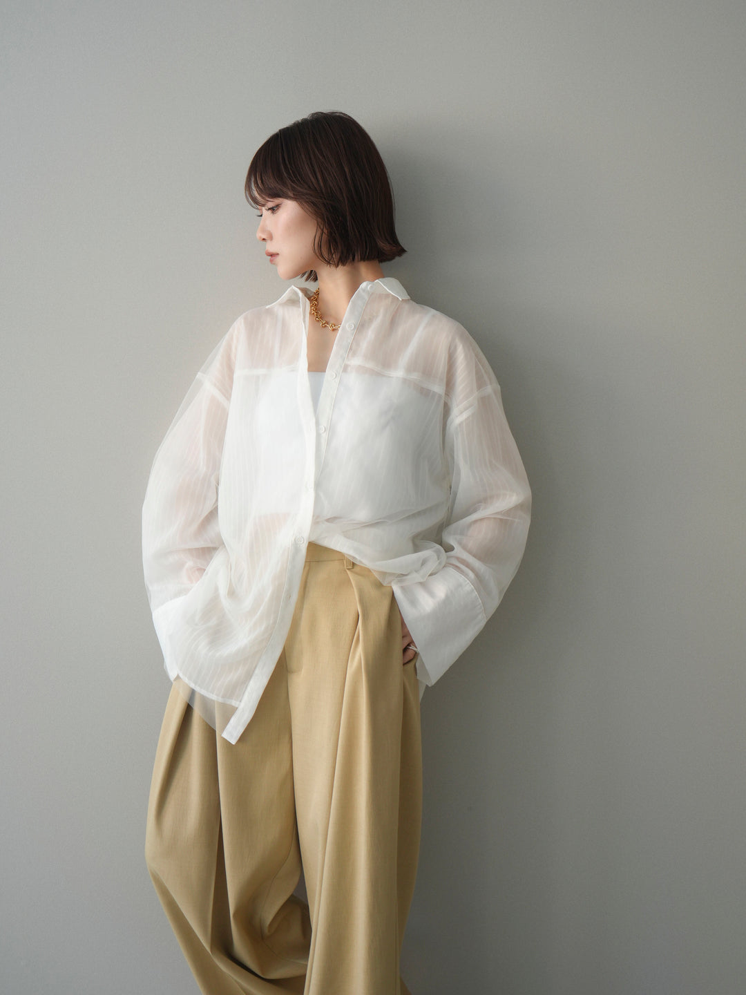 [予約]チュールレイヤードストライプシアーシャツ/offwhite