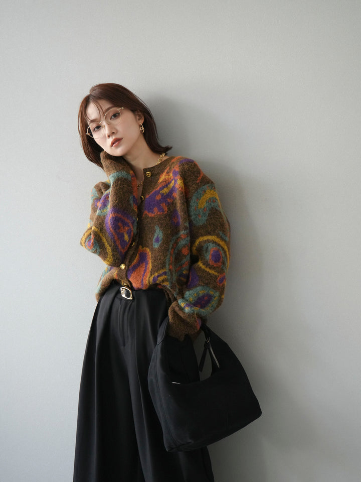 [予約]ミックスヤーンペイズリー柄ニットカーディガン/ブラウン