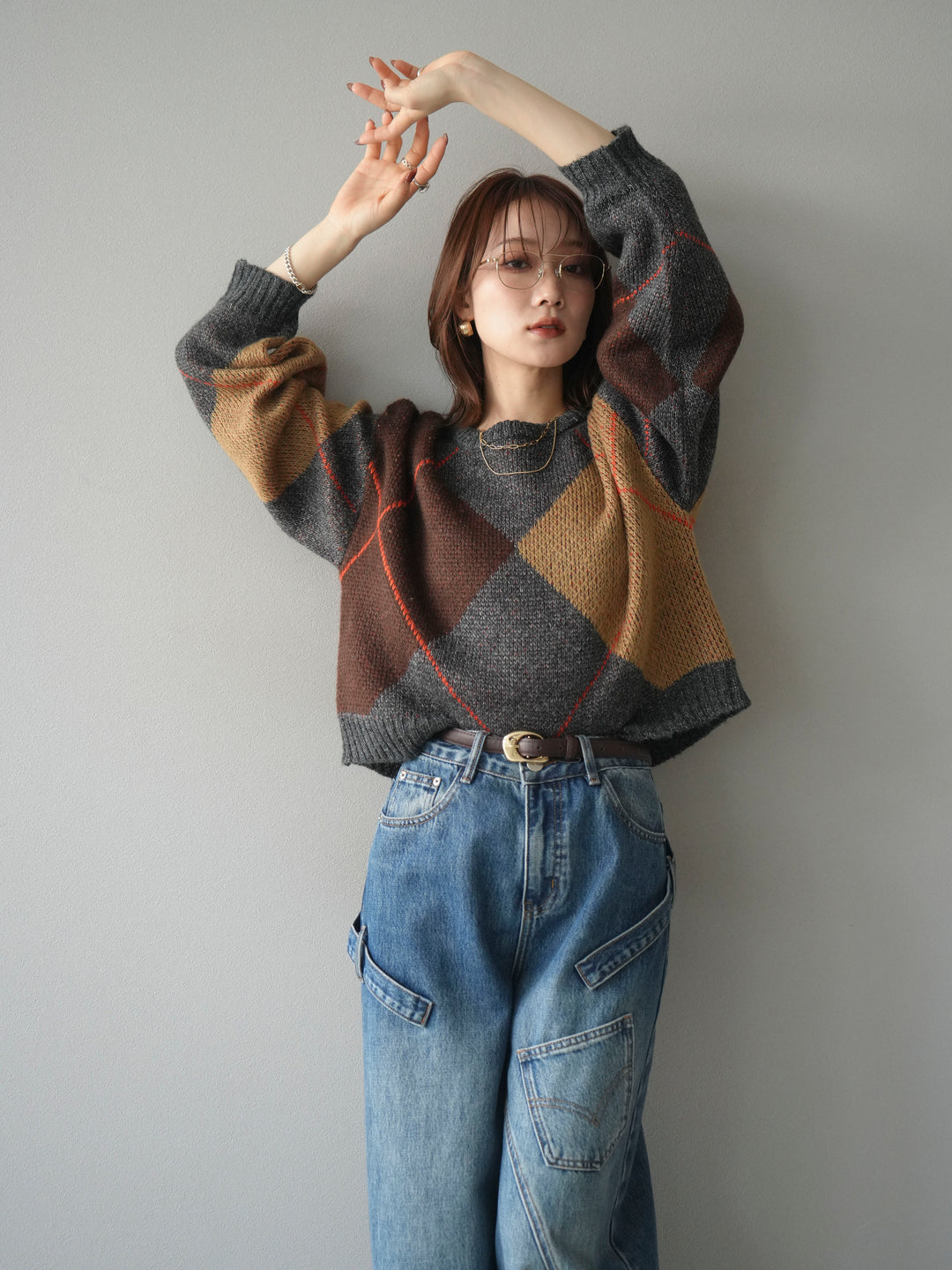 [SET]配色ステッチアーガイル柄ニットプルオーバー+配色ステッチアーガイル柄ニットプルオーバー(2set)