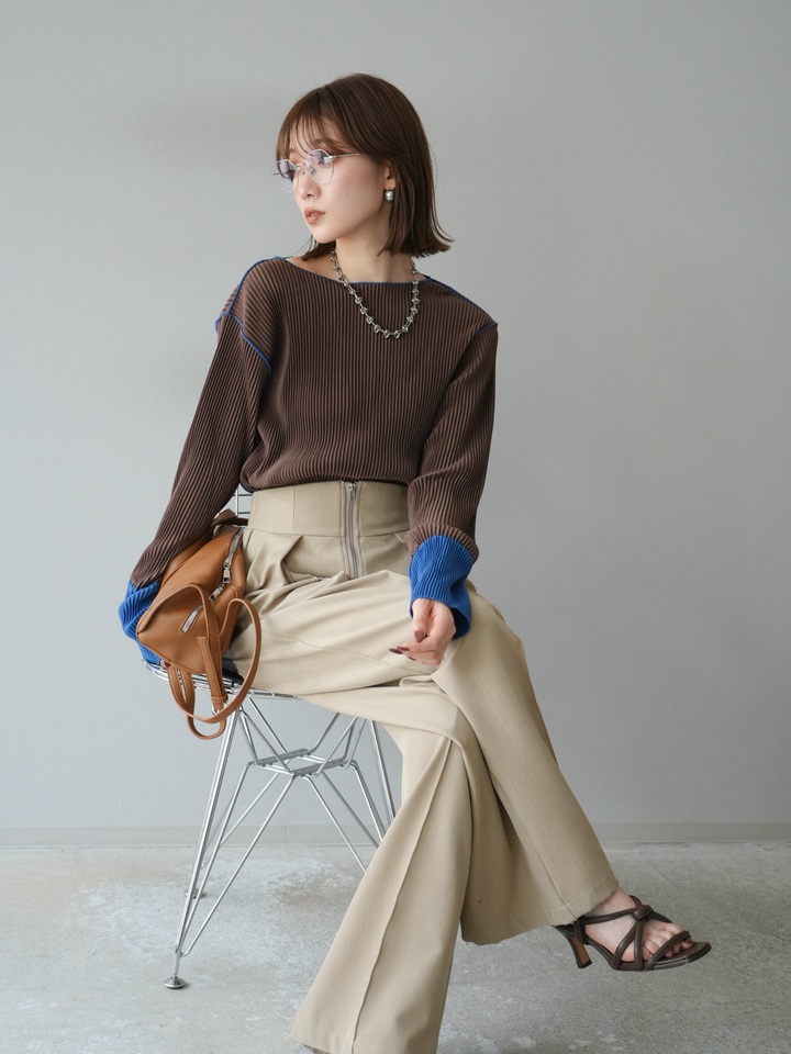 [予約]バイカラープリーツトップス/ブラウン