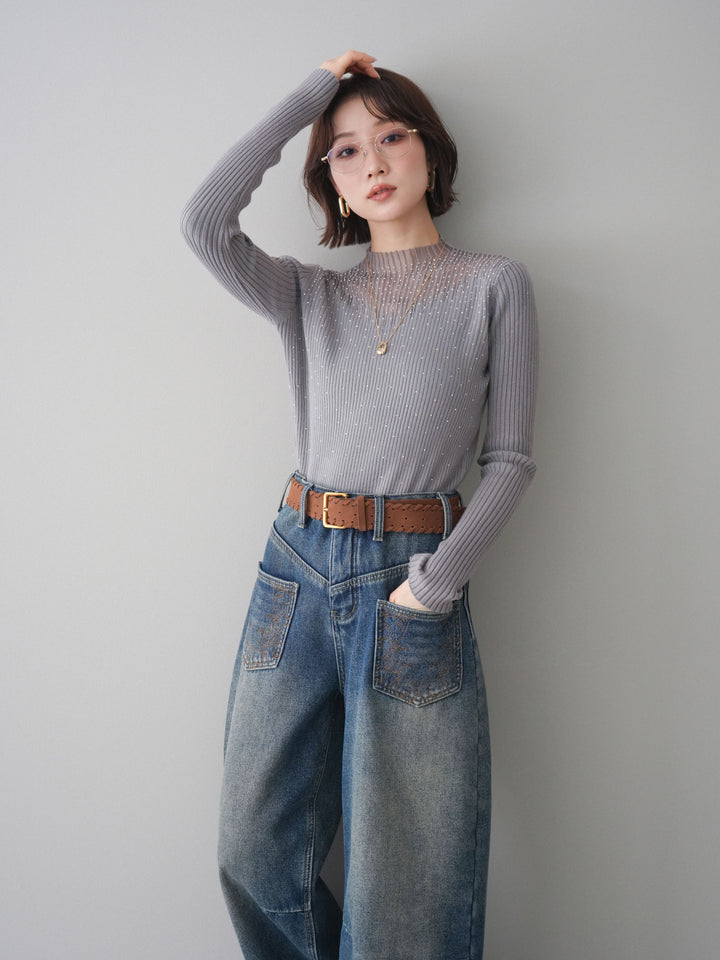 [SET]シアー切替スパンコールリブニットトップス+ベルト付ポケット刺繍カーブデニムパンツ(2set)