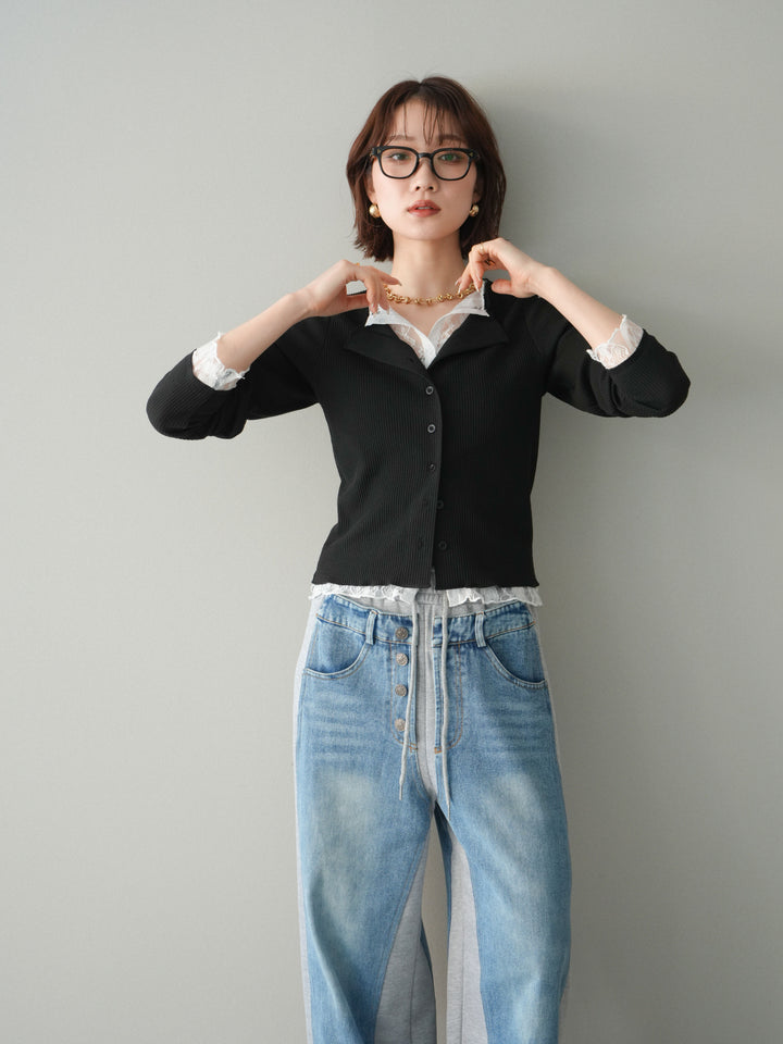 [SET]レースドッキングテレコリブカーディガン+デニム切替スウェットパンツ(2set)