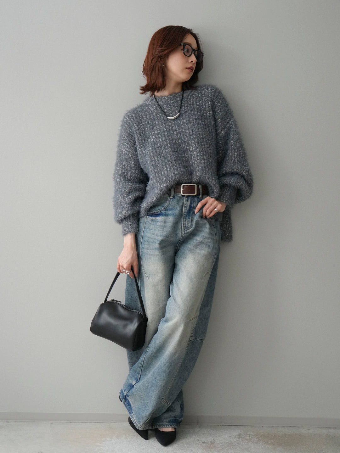 [SET]ボリュームスリーブシャギー MIXニットプルオーバー+ベルト付カーブデニムパンツ(2set)