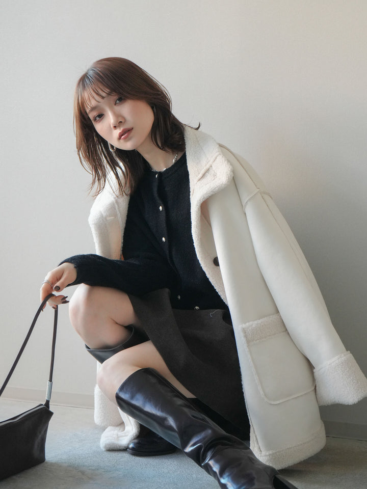 [SET]スタンドネックフェイクムートンミディアムコート+ベルト付きタックミニスカート(2set)