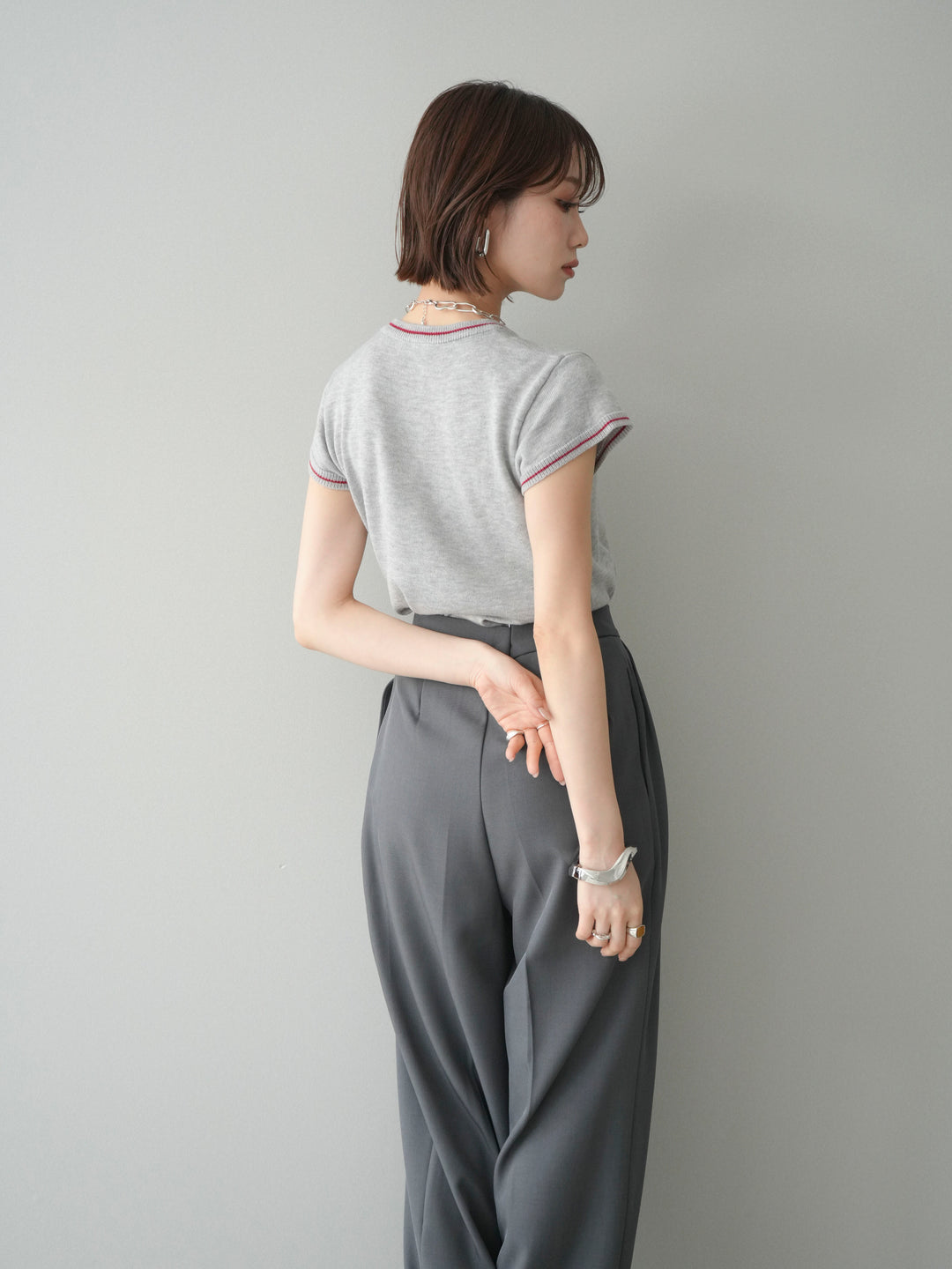 [予約]配色ハーフスリーブニットトップス/gray