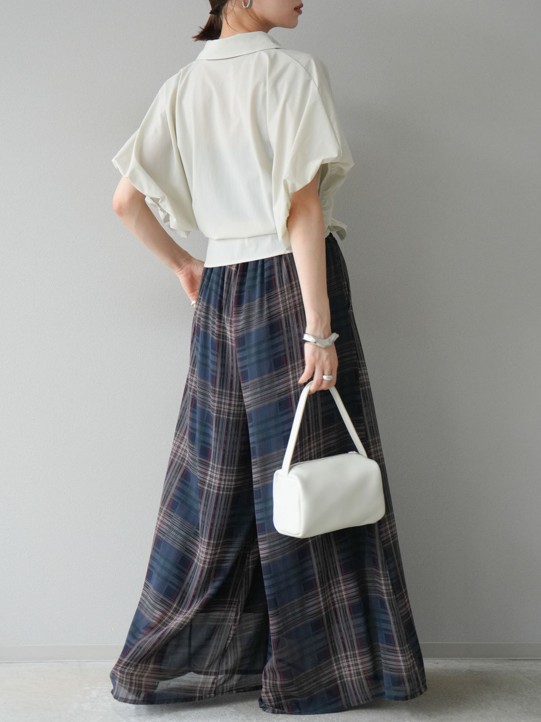 [預購] 透視格紋寬鬆褲/藏青色