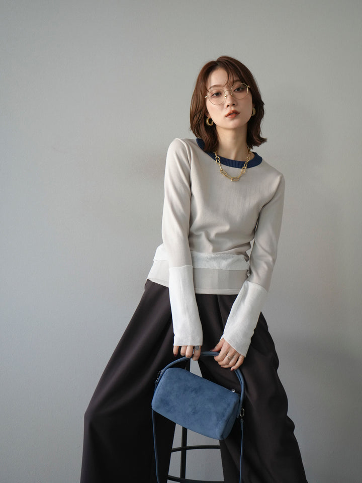 [予約]異素材配色デザインニットトップス/アイボリー