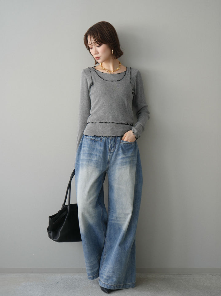 [SET]バイカラーメローアンサンブルシアーニットトップス+フロントポケットサイドタックワイドデニム(2set)