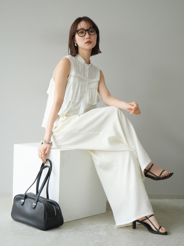 [予約]ドビーストライプアシンメトリーフリルノースリブラウス/ホワイト