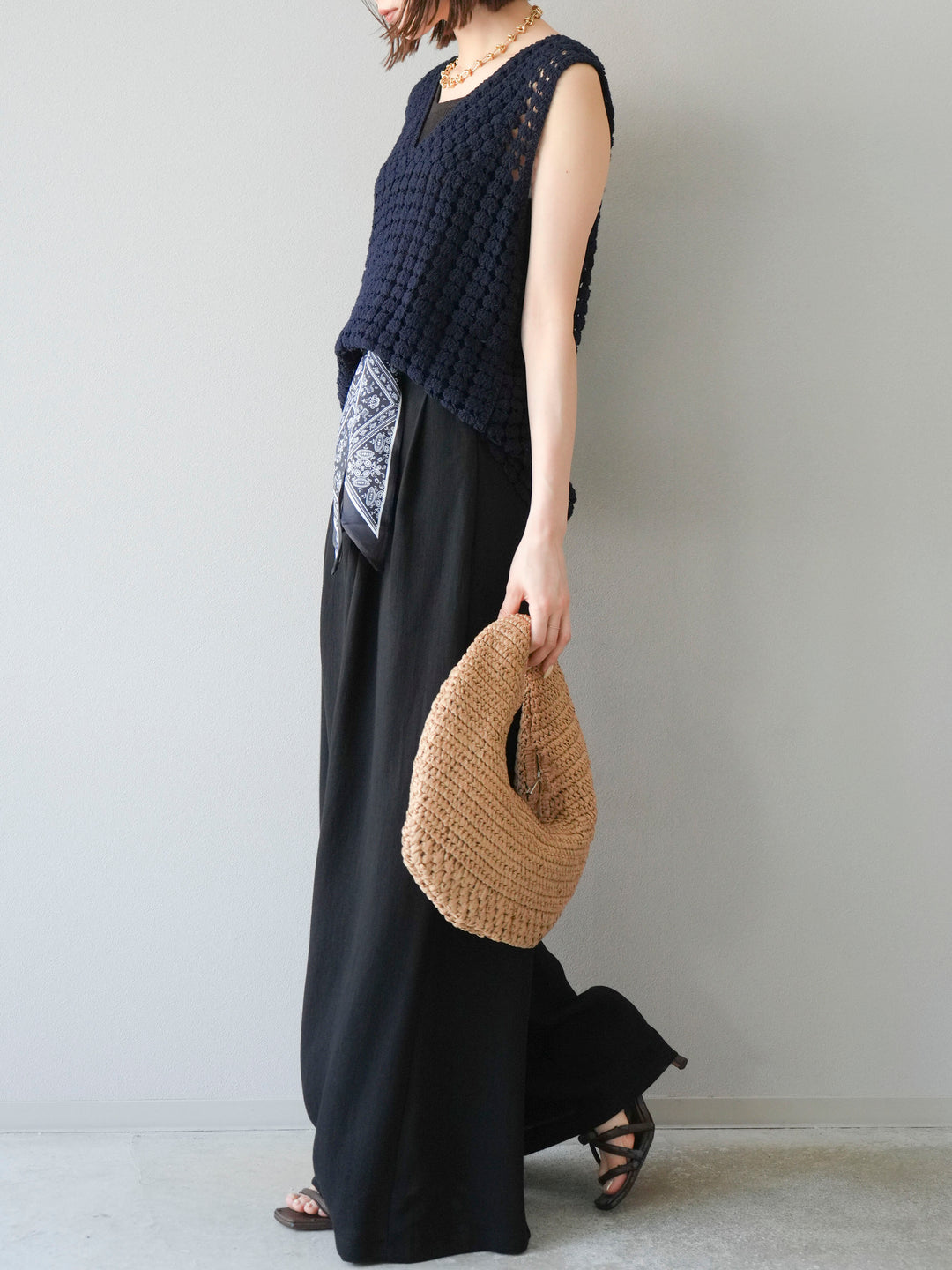 [予約]スカーフベルト付3タックワイドパンツ/ブラック