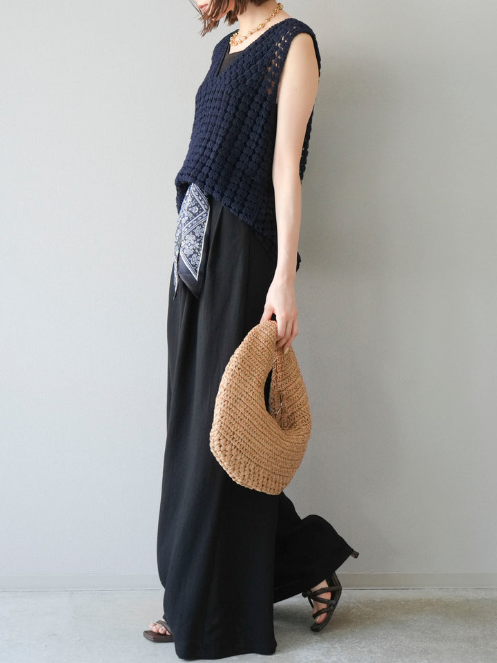 [予約]スカーフベルト付3タックワイドパンツ/ブラック