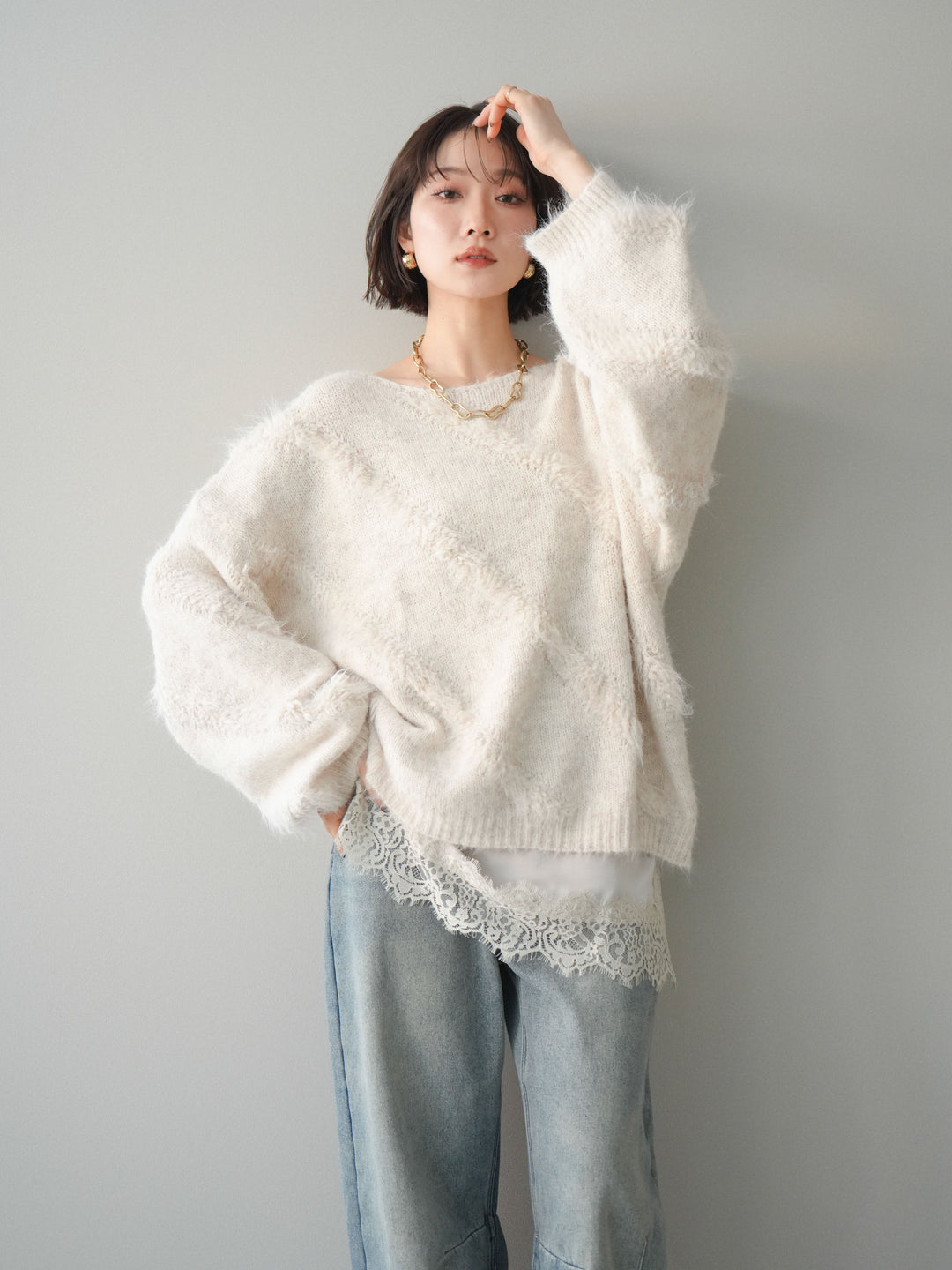 [SET]シャギーデザインニットプルオーバー+選べるアクセセット(2set)