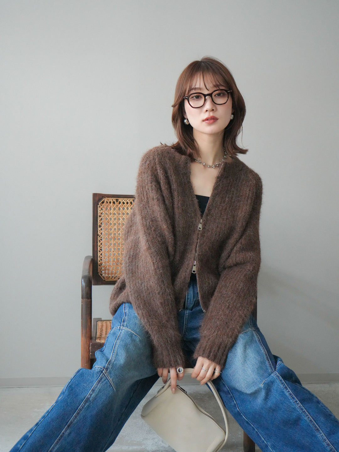 [予約]MIXヤーンモヘアタッチZIPニットカーディガン/brown