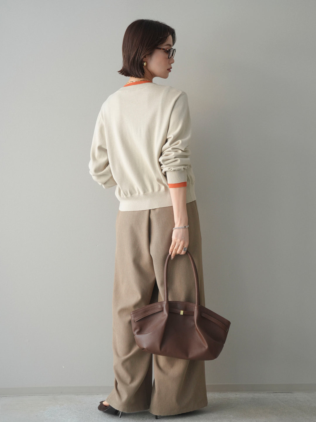 [予約]サテンベルトタックワイドパンツ/beige